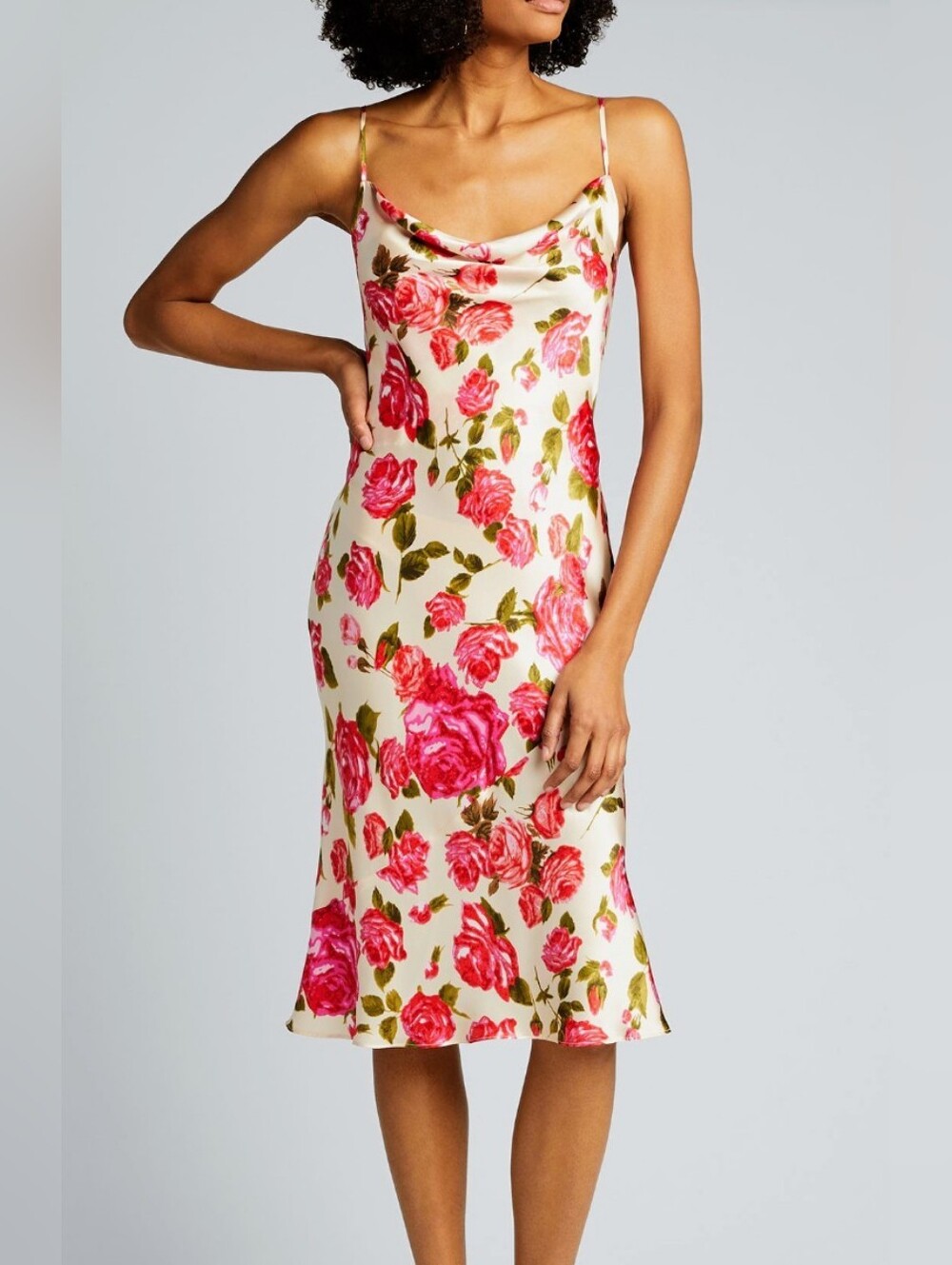 L'AGENCE  Seridie Silk Slip Dress In Ivory Cream With Pink Rose Print